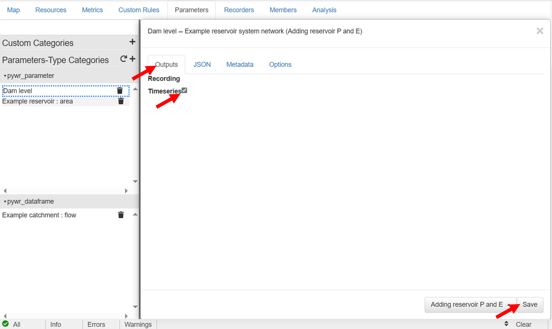 Enable the saving of the Level timeseries