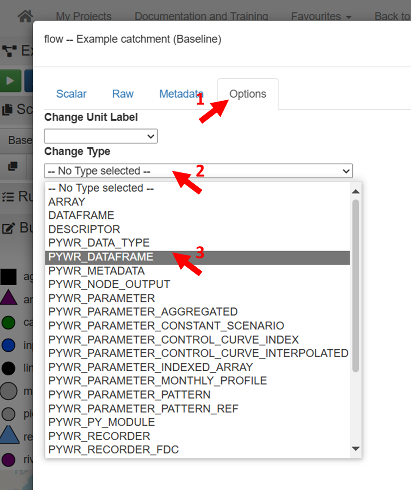 The type of parameter to be used for the flow parameter should be set to PYWR Dataframe which is a time-series.