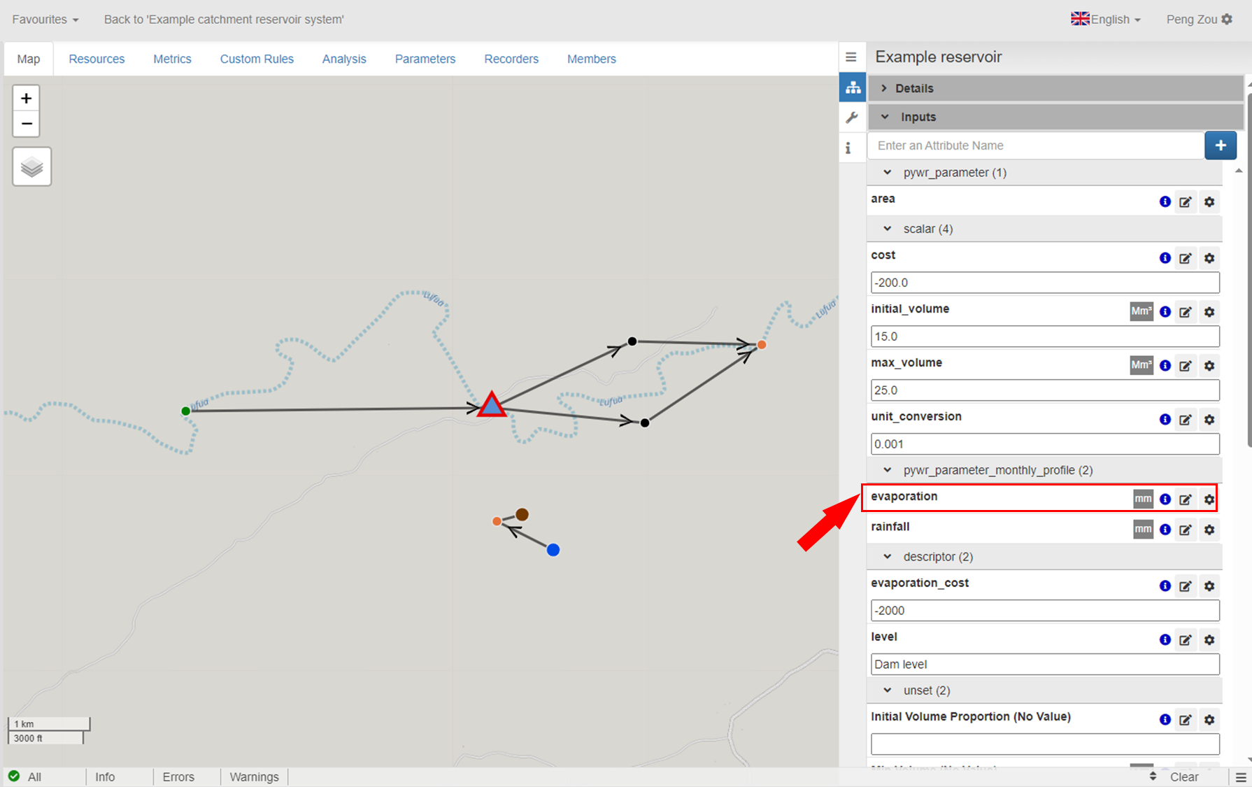 Click to edit the 'evaporation' parameter